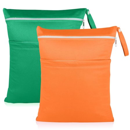 Vandtæt Våd & Tør Taske - Dobbelte Lynlåslommer til Badedragter, Bleer & Træningstøj | Genanvendelig & Vaskbar (Grøn + Orange 2-pak)