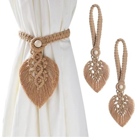 Set med 2 Boho gardinomtag, blad bomullsmakramé gardinklämmor