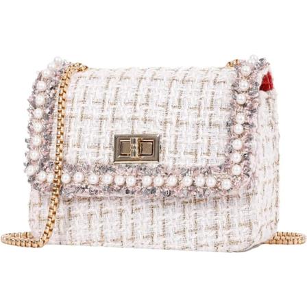 Veske og håndvesker for kvinner Mote Tweed Perle Topphåndtak Veske Skulder Tote Perlekjede Crossbody Clutch Bag
