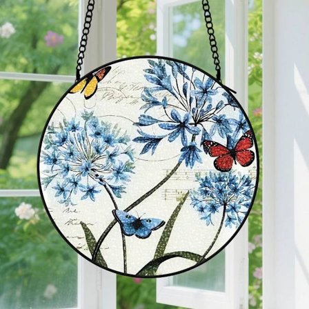 Blå blomma & fjäril Solfångare - Fönsterhängande solfångare för honom för henne för make för fru, för bröllopspresent för honom och henne