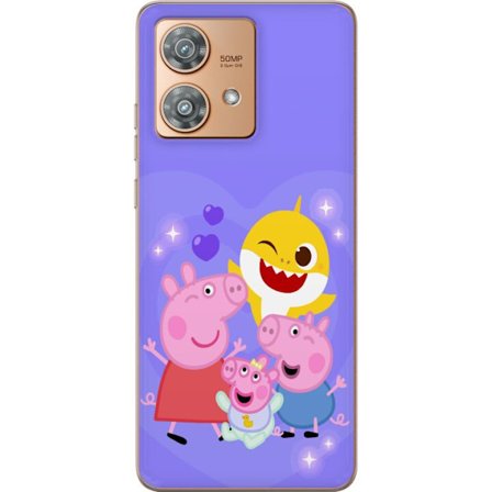 Kompatibelt Mobildeksel til Motorola Edge 40 Neo Peppa Gris mønster med hjerter, sommerfugler og venner, lys rosa bakgrunn i myke barneillustrasjoner