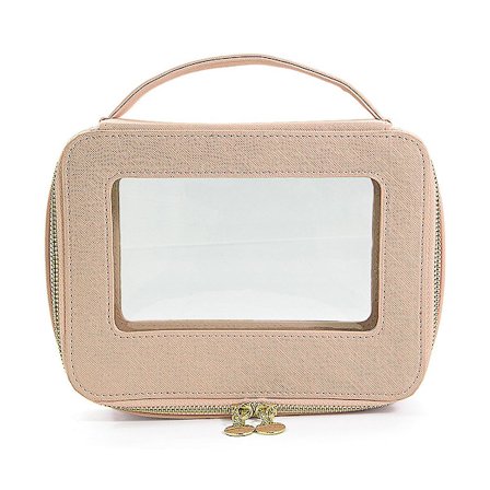 Kvinners bærbare sminkepung for reiser, sminkepung i skinn med gjennomsiktige vinduer og gullglidelås