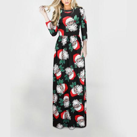 Kvinnor Långärmad Crew Neck Xmas Long Dress Swing Maxiklänningar
