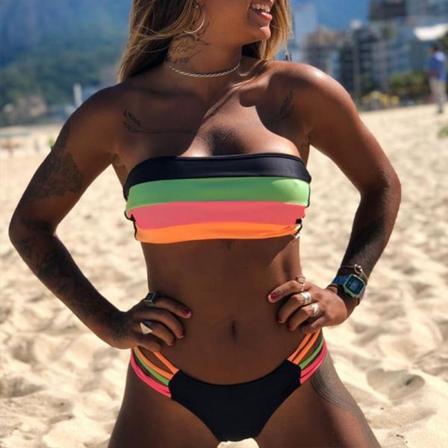 Kvinnor Sexig Vadderad Bandeau Boob Tube Bikini Set Baddräkt Badkläder multi-color XL