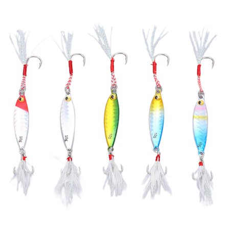 10g Jig Fiskelokke Sæt - 5 stk. Metal Jigs med Fjederkroge til Bass Fiskeri