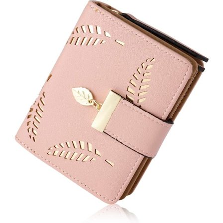 Kvindernes pung, lille kvinders bifold læderpung, hul blad kvinders veganske møntpung med lynlås (Pink)