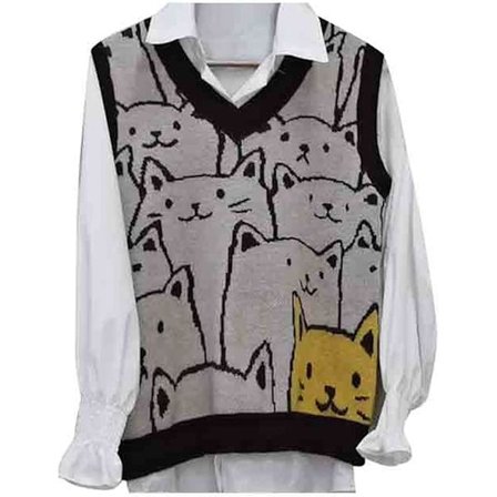 Strikket genser vest for kvinner, ermeløs genser, genser med kattemønster, sweatshirt for vinter, høst og vår