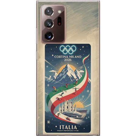 Yhteensopiva Puhelinkuori Samsung Galaxy Note20 Ultra Mäkihyppykuvitus, jossa hiihtäjä tähtää kiväärillä lumisella radalla, teksti Milano Cortina 2026