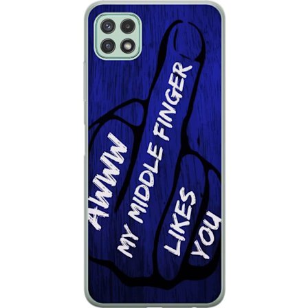 Kompatibelt Mobildeksel til Samsung Galaxy A22 5G Mørk typografisk illustrasjon med hjerteform og budskap om vennskap mot dyp blå tretekstur