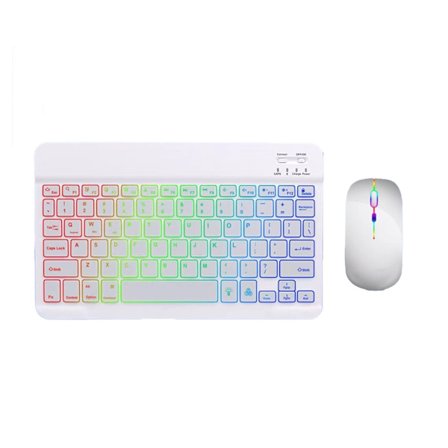 Bluetooth Tastatur Mus Combo Tynd Letvægts 10 Tommer RGB Baggrundsbelyst Genopladelig til Mobiltelefoner Tablets Hvid