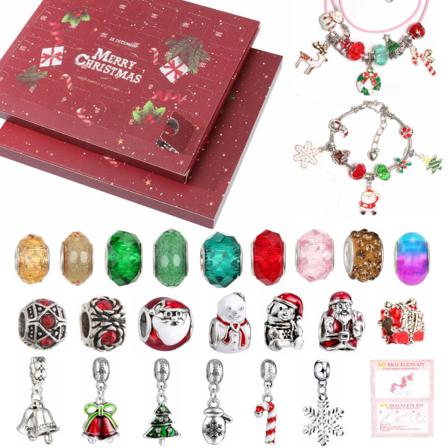 24 stk. Jule-Adventskalender Blind Box Sæt DIY Perlevedhæng Julearmbånd G