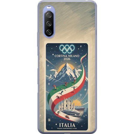 Yhteensopiva Puhelinkuori Sony Xperia 10 III Lite Mäkihyppykuvitus, jossa hiihtäjä tähtää kiväärillä lumisella radalla, teksti Milano Cortina 2026 ja