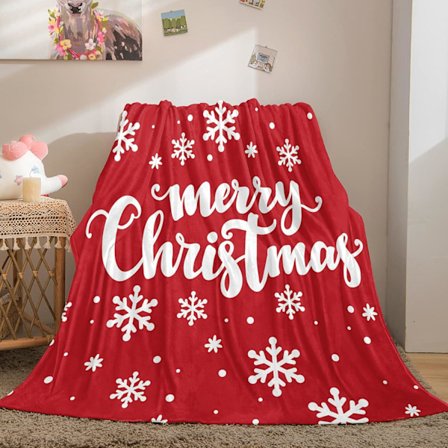 God Jul Filt Röd Flanell Fleece Filt Vit Snöflinga Tryck Mjuk Plysch Filt för Sovrum Soffa (127 cm x 152.4 cm), Jul