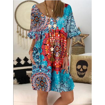 Kvinnor Sommar Print Solklänning Casual Loose Beach Boho D