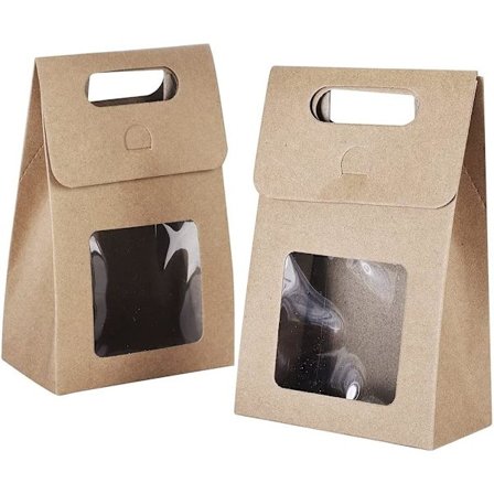 2 stk. gaveposer, gaveposer i papir, gaveposer med vindue, gaveposer med håndtag, til festindpakning af slik (brun)