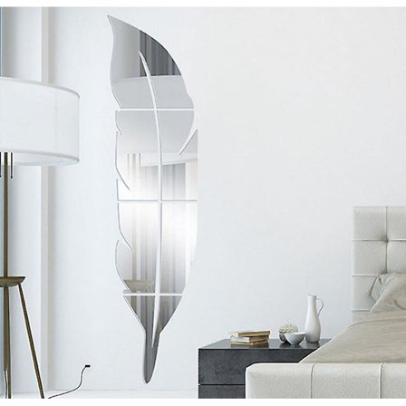 3D veggklistremerke, fjær speil vinyl veggklistremerke, hjemmeinnredning (sølv)