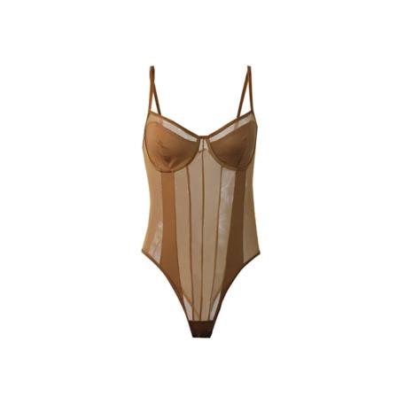 Sexig Body Shapewear Djup V-ringad Body Shaper Stringformare Waist trainer Dam Justerbar rem Vadderad Push Up BH Korsetttopp Brown L