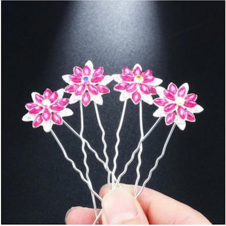 4 st Hårnålar Hårsmycken Hårdekoration till Bröllop & Fest - Rosa Blomma & Glittrig Strass