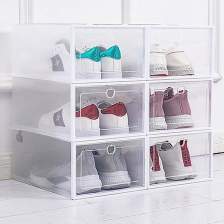 6 stk. gennemsigtig, sammenklappelig skoopbevaringsboks med låg (33x23x14cm)