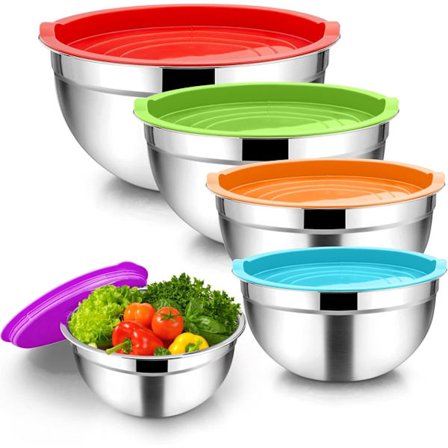 Røreskåle i rustfrit stål med lufttætte låg, 5-delt sæt salatskåle til pladsbesparende opbevaring, metalskål