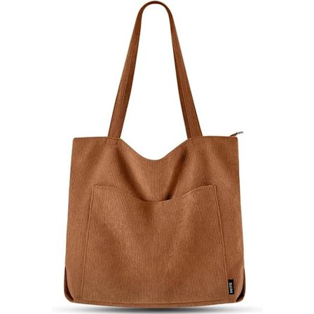 Cordfløyel Tote Bag for Kvinner Stor Skulderbag med Glidelås og Lommer for College Skole Arbeid Reise Shopping