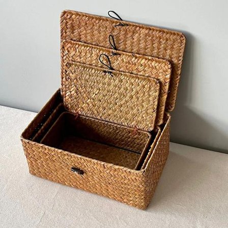 3x Søgræs Opbevaringskurve Med Låg Til Hjem Og Badeværelse Organisering S,M,L