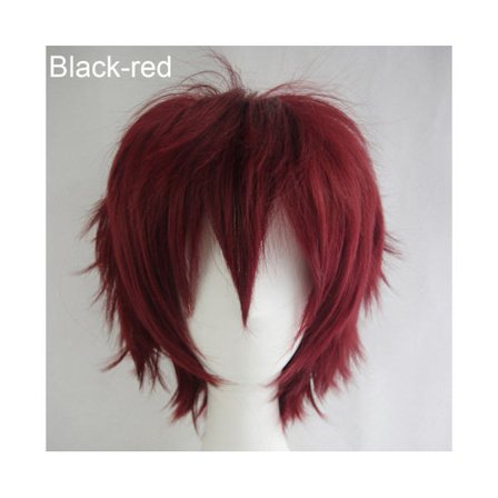 Multi-farvet kort, glat paryk til mænd og kvinder, fuld paryk til anime-fest cosplay - Sort-rød