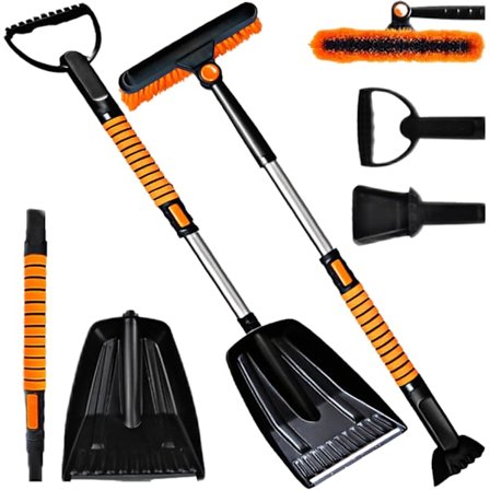 Isskraber, Snebørste, Sneskovl, 5-i-1 Aftagelig Isskraber, Langt Håndtag, Udtrækkelig Sneskovl, Snebørste med Rotationshoved