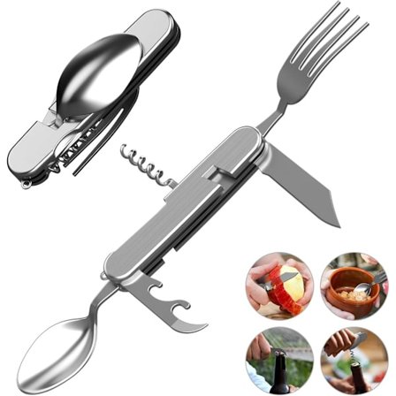 Udendørs Bestik, Rustfrit Stål Foldbart Bestiksæt Seks i En, Foldbart, Kniv, Gaffel, Ske, Oplukker, Egnet til Udendørs Bestik, Camping