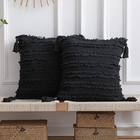 IC Svarta Kuddfodral: 2-pack 18x18 tum Boho Randig Bomull Linne Fyrkantiga Dekorativa Örngott med Tofsar för Farmhouse Soffa Stol