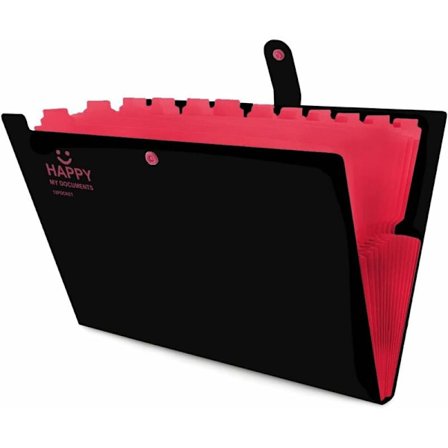 A4-mapp, lätt att bära, med metallknappar och 12 fack, lämplig för kontor, hem, skola (svart)