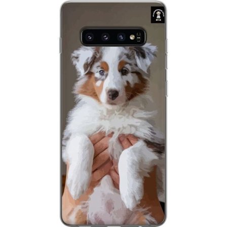 Kompatibelt Mobilskal till Samsung Galaxy S10 Söt valp med blå ögon, fluffig päls och charmigt uttryck - perfekt hundmotiv för djurälskare.