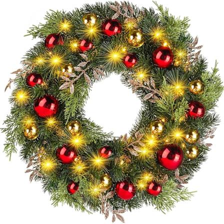 40 cm joulukranssi 40 LED-valolla, punainen ja kultainen koristelu etuovelle