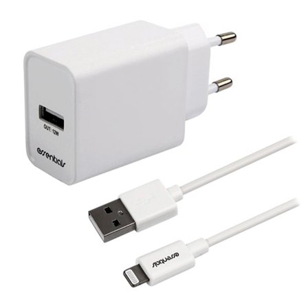 Essentials USB-lader 12W MFI med USB til Lightning-kabel - hvit