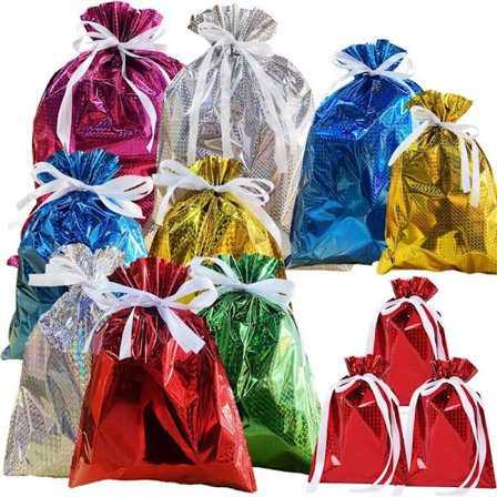 12-pack Enfärgade Folie Presentpåsar Multipack Dragkedja Presentpåsar, 6 Färger Skimrande Inslagningspåsar, Återanvändbara Jumbo Julpåsar-FD-