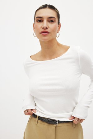 NA-KD Basic Boat Neck Rib Top - Basic toppe - OffHvid - S (EU 34-36)