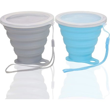 Hopfällbara silikonmuggar för campingresor, liten bärbar drickmugg med lock, återanvändbar för utomhusvandring 270 ml (Blå/Grå, 2-pack)