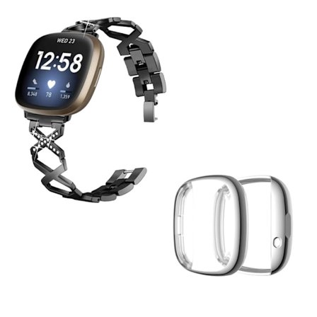Fitbit Sense / Versa 3 X-formad strassdekor klockarmband med silverfodral - Svart