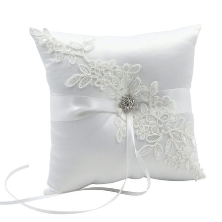 Vielsesringe Pude Ring Romantisk Vielsesring Firkantet Ring Blonde Sløjfe Satin og Rhinestones Egnet til Forlovelsesringe, Ceremoni 18 x 18 cm Hvid