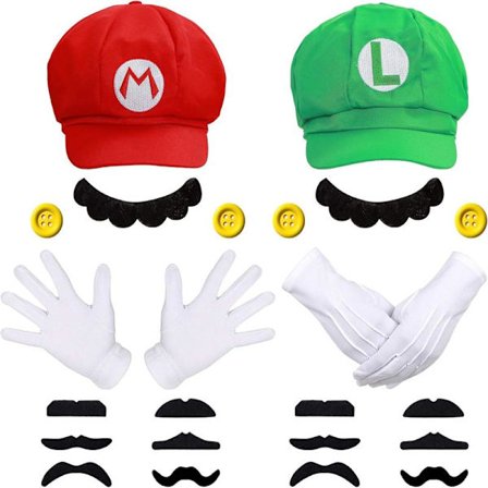 Super Mario Bros Mario og Luigi Hatter Caps Bart Hansker Knapper Cosplay Kostyme