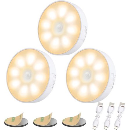 Natlampe sæt - 8 LED bevægelsessensor natlampe - USB 3000K varmt hvidt lys - 3 enheder