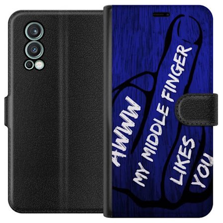 Kompatibelt Lommeboketui til OnePlus Nord 2 5G Mørk typografisk illustrasjon med hjerteform og budskap om vennskap mot dyp blå tretekstur