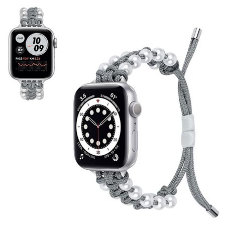 Apple Watch 42 mm - 44 mm klockarmband i nylon med pärldekor - Grå
