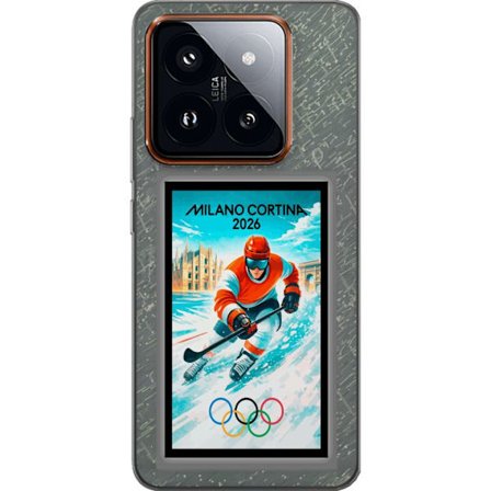 Yhteensopiva Puhelinkuori Xiaomi 14 Pro Curlingkuvitus pelaajilla ja kivillä jäällä, Milano Cortina 2026, lumisia roiskeita ja olympiasormukset