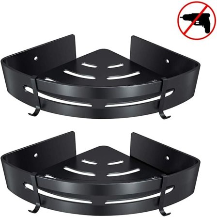 Hjørnebrusestativ uden boring - Badeværelseshylde - Kurv - Opbevaring - Aluminium - Væghængt - Todelt opbevaring