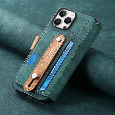 Etui til iPhone 16 Pro grønn Flip Håndleddsveske med Kortholder