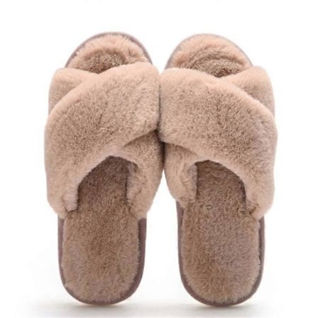 Dame tøfler i kunstig pels, varme khaki flip-flops, hjemmesko med åpne tær, passer for jenter 40-41