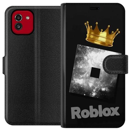 Kompatibel Tegnebogsetui til Samsung Samsung Galaxy A03 Minimalistisk sort og sølvfarvet Roblox-symbol med gylden krone og luksuriøs gamer-æstetik