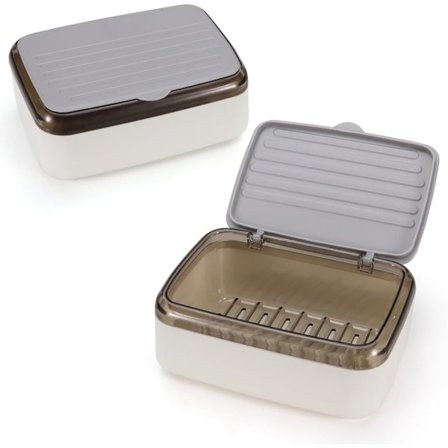 Et sæt med 2 sæbeskåle med drænbakker og låg, 2 aftagelige drænstativer, vandtætte sæbebokse til brug i brusebad og badeværelse, grå.