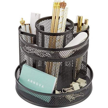 Roterende skrivebordsorganisator i netting med 5 runde rom for godteri/penner, kontortilbehør, kunstutstyr, oppbevaring, klasserom, hjem (svart)